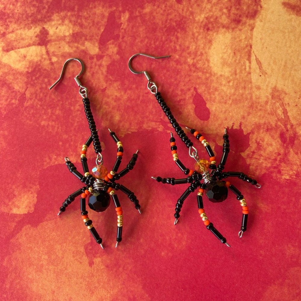 Beaded Spider Earrings in Black and Orange